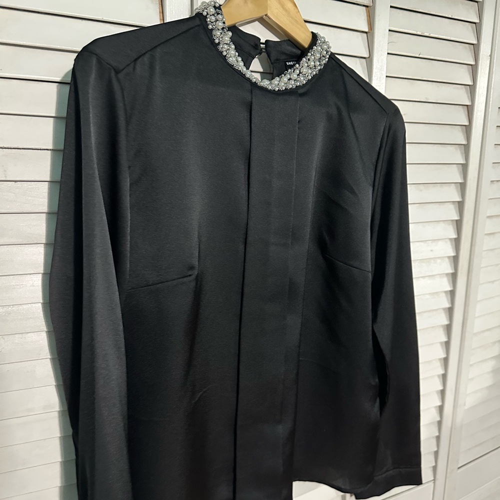 SHEIN Black Blouse with Embellished Collar